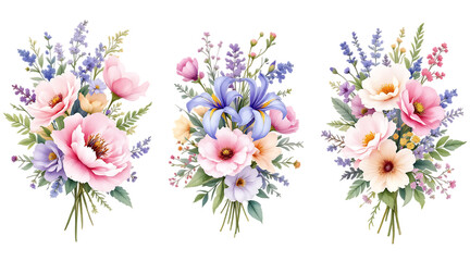 Fototapeta premium Watercolor lavender and pink flower bouquet isolated on transparent background 