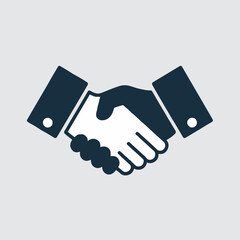 A stylized graphic of a handshake with dark blue sleeves and a light gray background illustration
