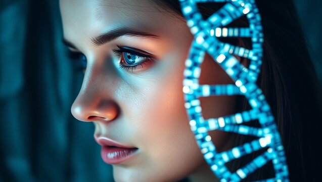 Close up of a woman's face with blue eyes and a dna strand superimposed on the right side of the image