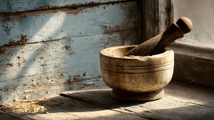Wooden mortar and pestle on a weathered windowsill.
