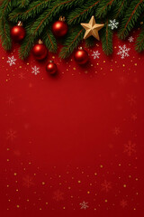 Red Christmas background decorated with green pine branches, Christmas balls and space for text.