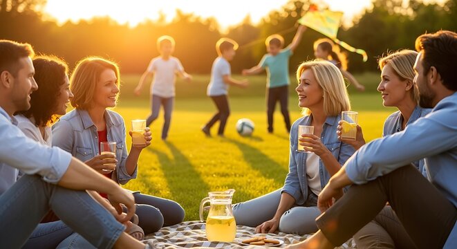 Happy family and friends enjoying a summer picnic in a park during golden hour, with children playing in the background.