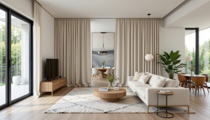 Fototapeta premium using curtains as room dividers in modern open plan spaces adds flexibility while maintaining the sleek minimal design through lightweight fabrics and neutral tones that blend seamlessly.