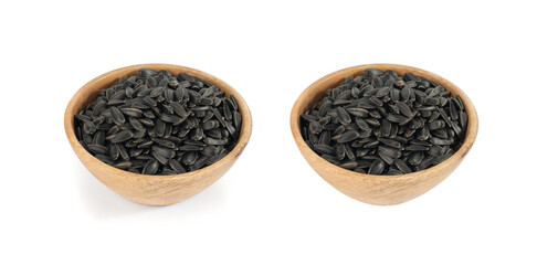 Sunflower seeds pile isolated, black oil sun flower grains group with shell, fresh edible oil seeds heap