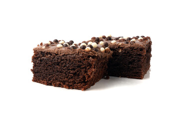 Chocolate brownie cake sprinkled with white and dark balls, classic birthday brownie square piece