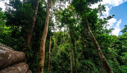 Fototapeta premium Wood Logs of Siamese Tree in a Lush Forest – A Beautiful Gathering of Trees Beneath a Vibrant Blue Sky, Showcasing Nature’s Serenity, Verdant Canopy, and Tropical Wilderness.