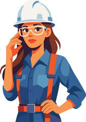 Female Construction Worker Vector Illustration Wearing Safety Helmet, Glasses and Work Uniform – Professional Engineer or Architect Clipart for Industry, Safety Campaign, and Labor Day Design