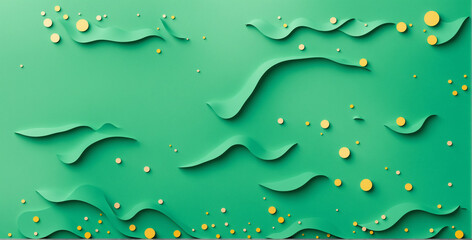 abstract background with green fluid wave shapes and yellow dots
