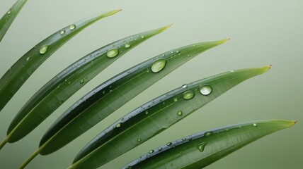Fototapeta premium Green Leaves with Water Droplets on a Soft Green Background
