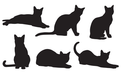 Black Cat Silhouette Set in Various Poses Isolated on White Background for Design and Decoration