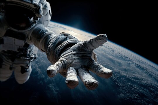 An astronaut's hand reaches out toward Earth, highlighting the vastness of space and the beauty of our planet from afar