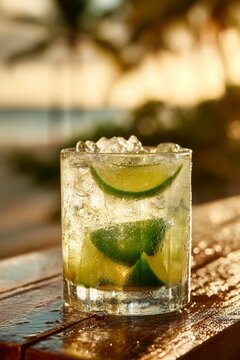 A refreshing cocktail sits on a wooden surface, filled with ice and lime slices, set against a blurred beach background during sunset