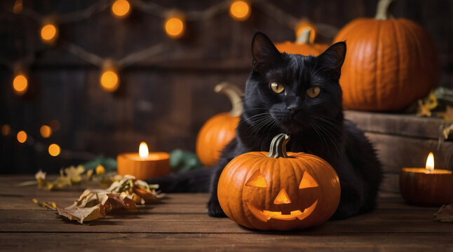 Black cat with bright yellow eyes sitting next to a carved jack-o’-lantern, moody candlelight - Powered by Adobe