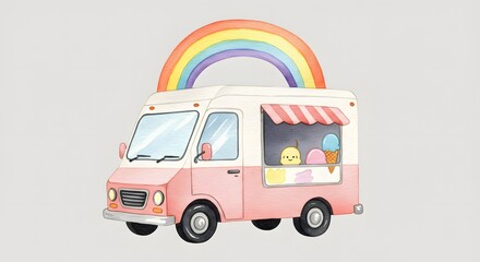 Cute Watercolor Ice Cream Truck with Rainbow