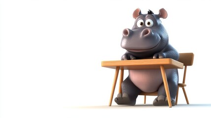 Naklejka premium Animated Hippopotamus Sitting at Small Wooden School Desk on White Background