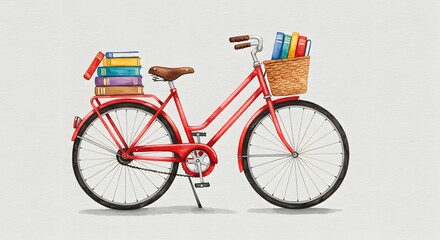 Red Bicycle with Books - Watercolor Illustration