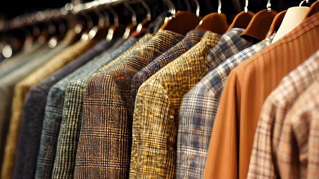A selection of men's blazers and shirts on a rack, showcasing a variety of styles and patterns for men's fashion at a clothing store.