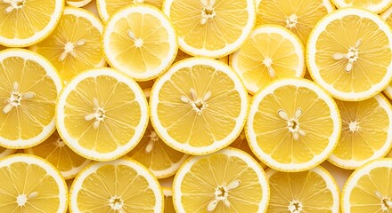 Obraz premium Many citrus lemon slices are neatly arranged close together, creating a bright yellow and white pattern