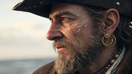 Fototapeta premium Pirate’s Weathered Face with Salt-Crusted Beard and Golden Earring in Nautical Adventure Setting 