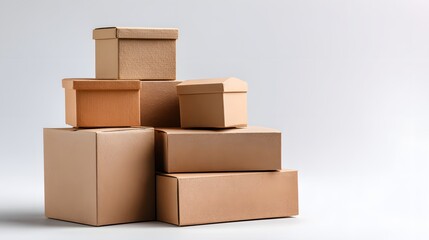 Fototapeta premium Stacked cardboard boxes against a plain background.