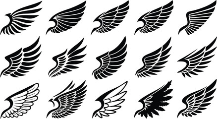Fototapeta premium Vector art of collection of various stylized wing illustrations in black and white for design elements and creative projects