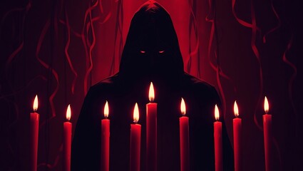 A hooded figure with glowing red eyes stands behind seven lit red candles in a dark red environment