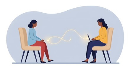 Two women, one using a laptop, engaged in online therapy or counseling session, with glowing connection line symbolizing communication and support, mental health concept.