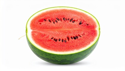 Fresh ripe watermelon cut in half showing vibrant red flesh and seeds, a juicy summer fruit isolated on a white background.