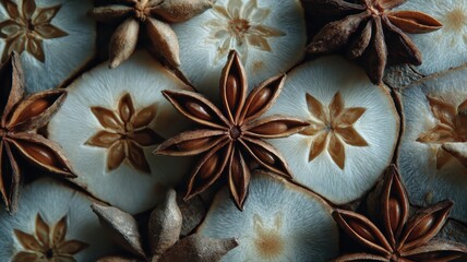 Fototapeta premium Star Anise and Sliced Spice Arrangement on Textured Background
