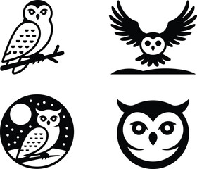 Obraz premium Four Black and White Owl Illustrations Set