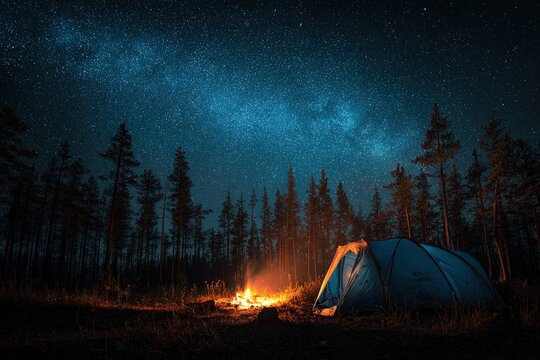 Starry night sky over camping site with tent and campfire in forest