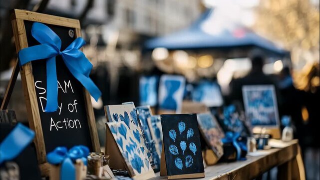 A "SAAM Day of Action" event features blue ribbons and art promoting sexual assault awareness at an outdoor market. Community and support unite for prevention and awareness.