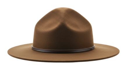 Exploring vintage style classic brown ranger hat outdoor setting product natural light minimalist. Cut out png