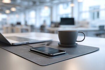 Fototapeta premium Minimalist workspace featuring laptop, smartphone, and coffee cup in bright office setting during the day