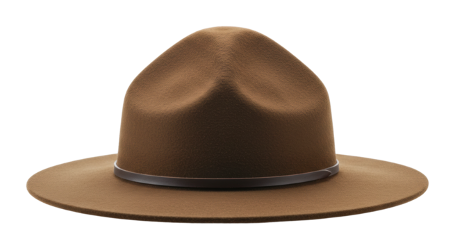 Exploring vintage style classic brown ranger hat outdoor setting product natural light minimalist. Cut out png