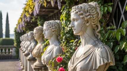 Fototapeta premium Row of classical marble busts in a garden setting sculpture