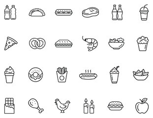 A collection of minimal black and white line icons featuring various foods and drinks, including snacks, desserts, beverages, and meals such as tacos, burgers, pizza, salads, ice cream, chocolate, and