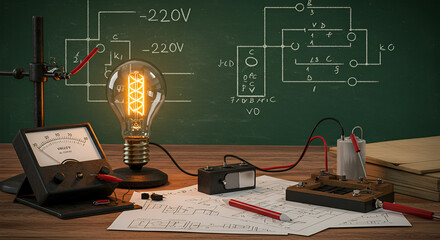 A vintage physics experiment setup illuminates a chalkboard depicting electrical circuits.