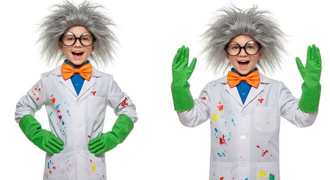 Two images of a child dressed as a mad scientist, excited and gesturing.
