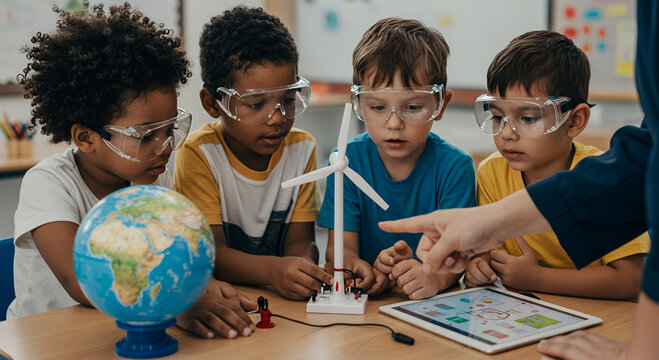 A teacher points to a model wind turbine, engaging students in a science experiment. - Powered by Adobe