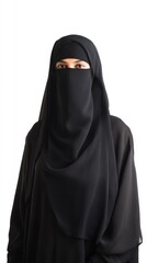 Naklejka premium Confident young niqabi Arab woman in elegant black abaya 