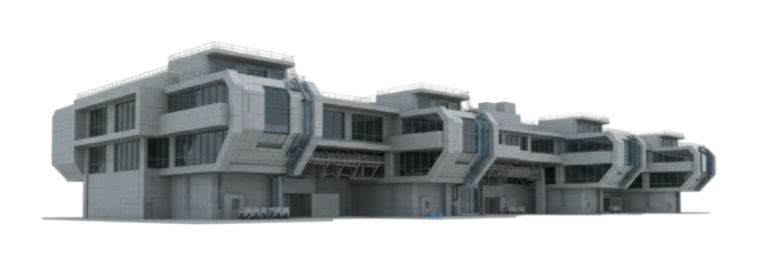 Modern architectural of futuristic buildings urban environment 3d model industrial setting side innovation in architecture. Cut out png