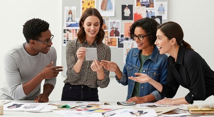 Diverse fashion designers team creatively planning textile design in studio workspace, collaborating on clothing style with fabric sample, sketches and color swatches.
