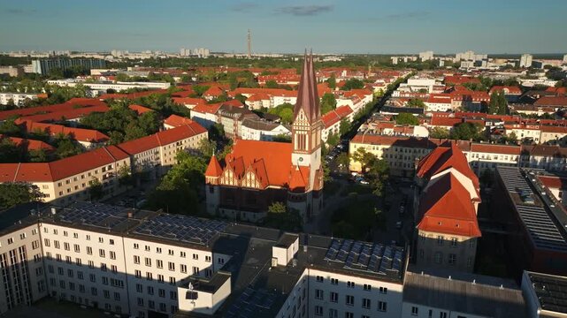 Aerial view of the Coptic Orthodox Church (Koptisch-Orthodoxe Gemeinde) in Berlin, Germany &ndash; distinctive religious architecture and surrounding urban area captured from above . 10 September 2024