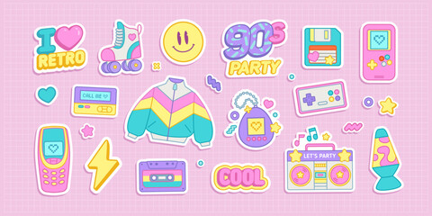 Retro stckers set of elements of 80-90s aesthetics , mobile phone, lava lamp, cassette player, cassette tapes, arcade game, music. Trendy fashion stickers of 90's retro aesthetics. Vector set	
