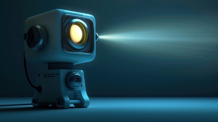  Retro Styled Robot Emitting Light from its Lens in Dark Room