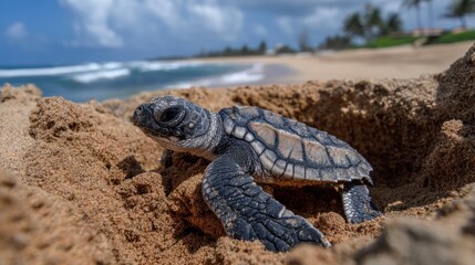 Obraz premium Baby sea turtle emerging from sand