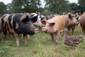 Obraz premium Farm animals interact in a vibrant pasture during late afternoon sunshine near a rural area