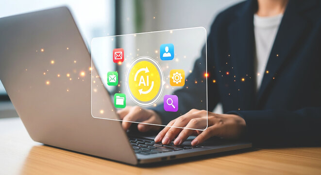 Person typing on laptop with ai interface displaying email search and settings icons overlayed