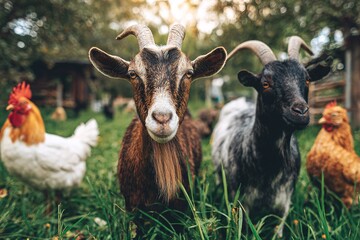 Goats and chickens roam freely in a green pasture during a sunny afternoon in the countryside